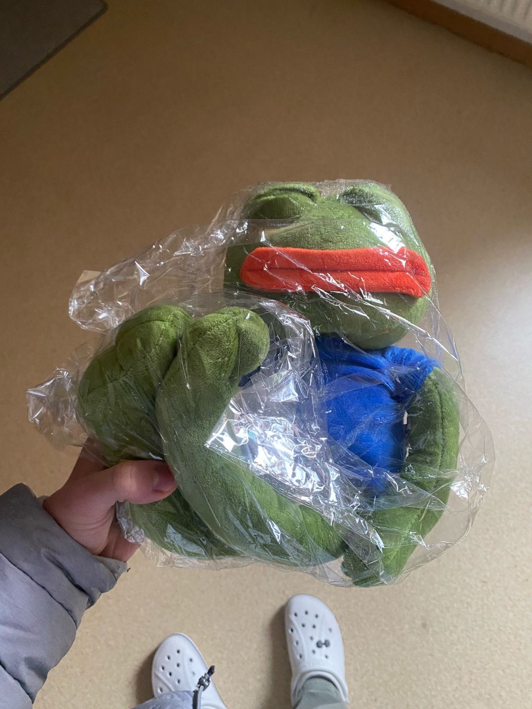 Customer photo review of Pepe The Frog Plushie 18" Sad Frog Meme Soft Stuffed Poseable Plush Toy: Hilarious Cuddle Buddy Meme Doll The Perfect Gift