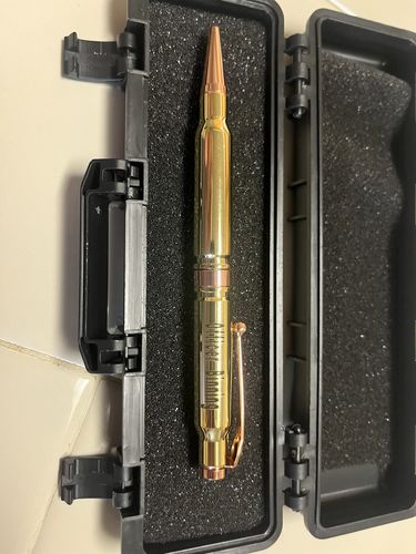 Customer photo review of .308 Real Bullet Casing Refillable Twist Pen - Tactical Gift Box - Polished Brass