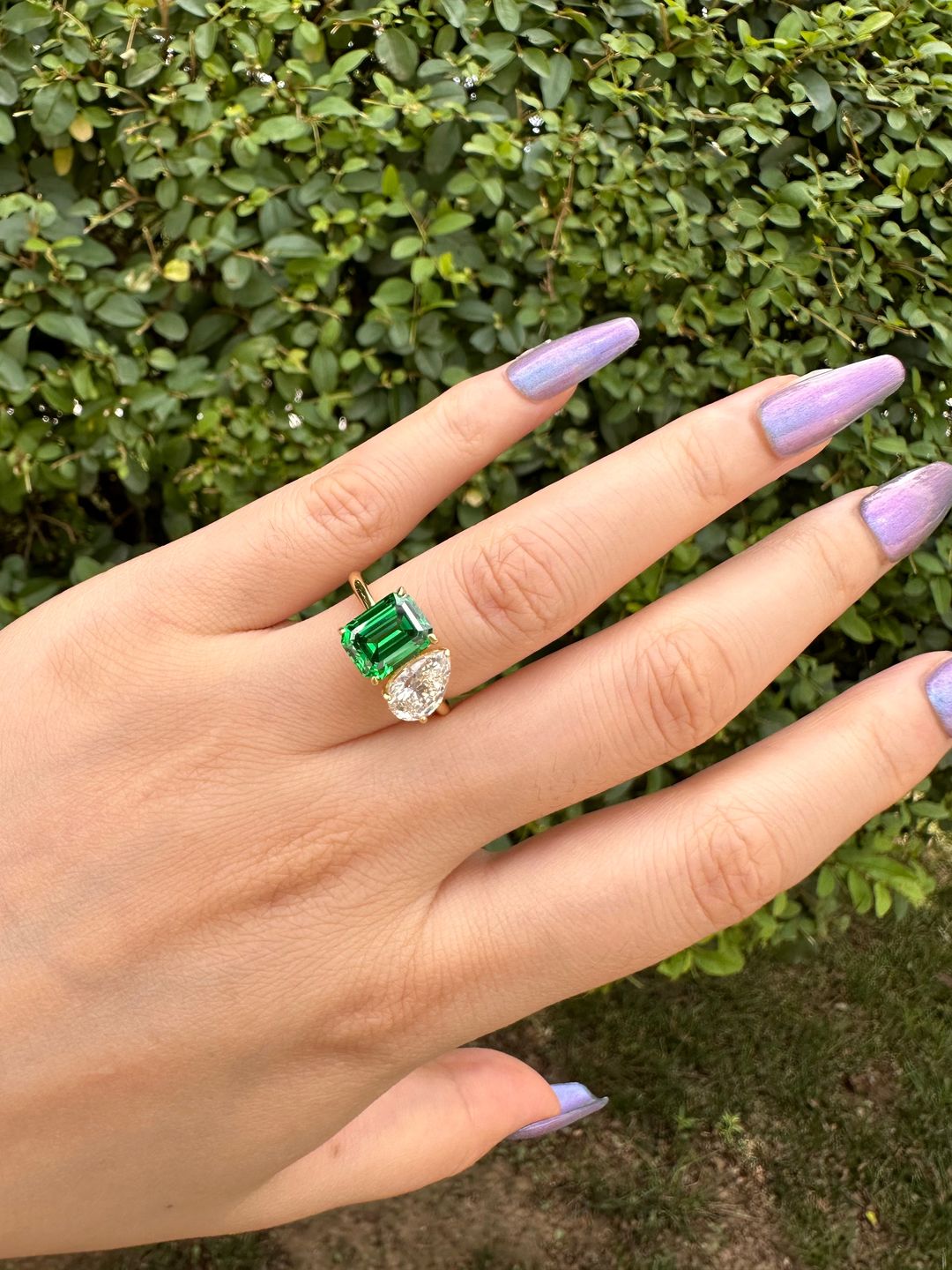 Customer photo review of Louily Special Double Stones Design Emerald & Pear Cut Engagement Ring In Sterling Silver