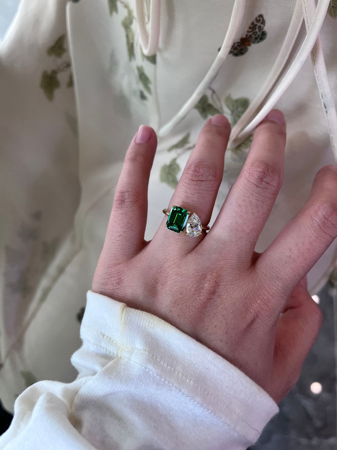 Customer photo review of Louily Special Double Stones Design Emerald & Pear Cut Engagement Ring In Sterling Silver
