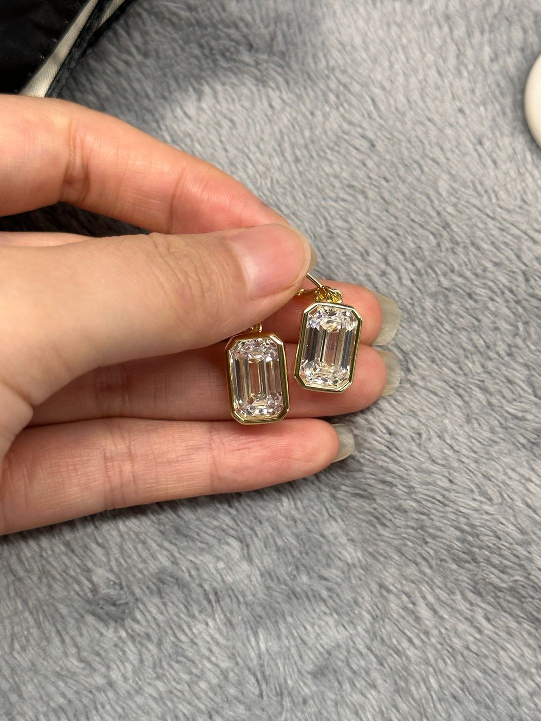 Customer photo review of Louily Special Yellow Gold Bezel Emerald Cut Women's Earrings In Sterling Silver