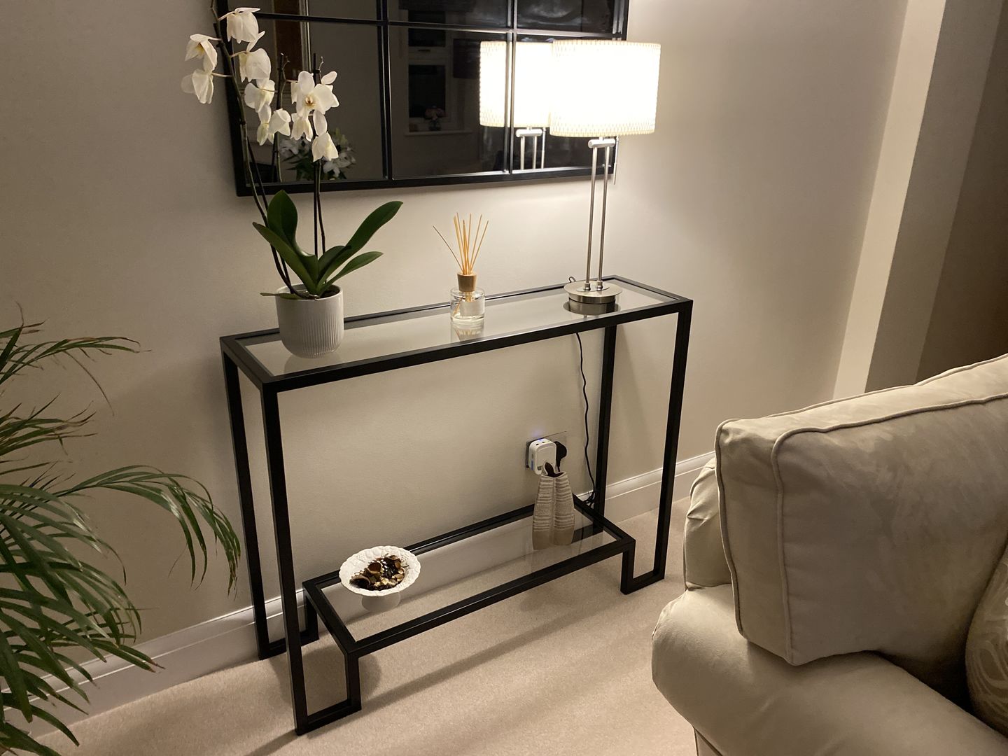 Customer photo review of Glass Metal Console Table Matte Black Frame