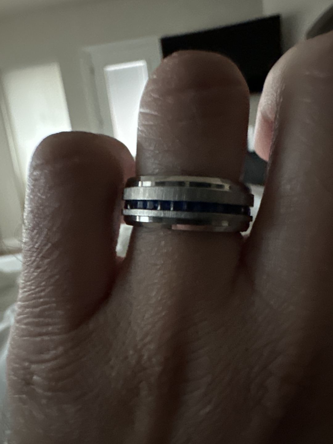 Customer photo review of 8mm - Mens Titanium Wedding Band With Blue Sapphire Titanium Ring