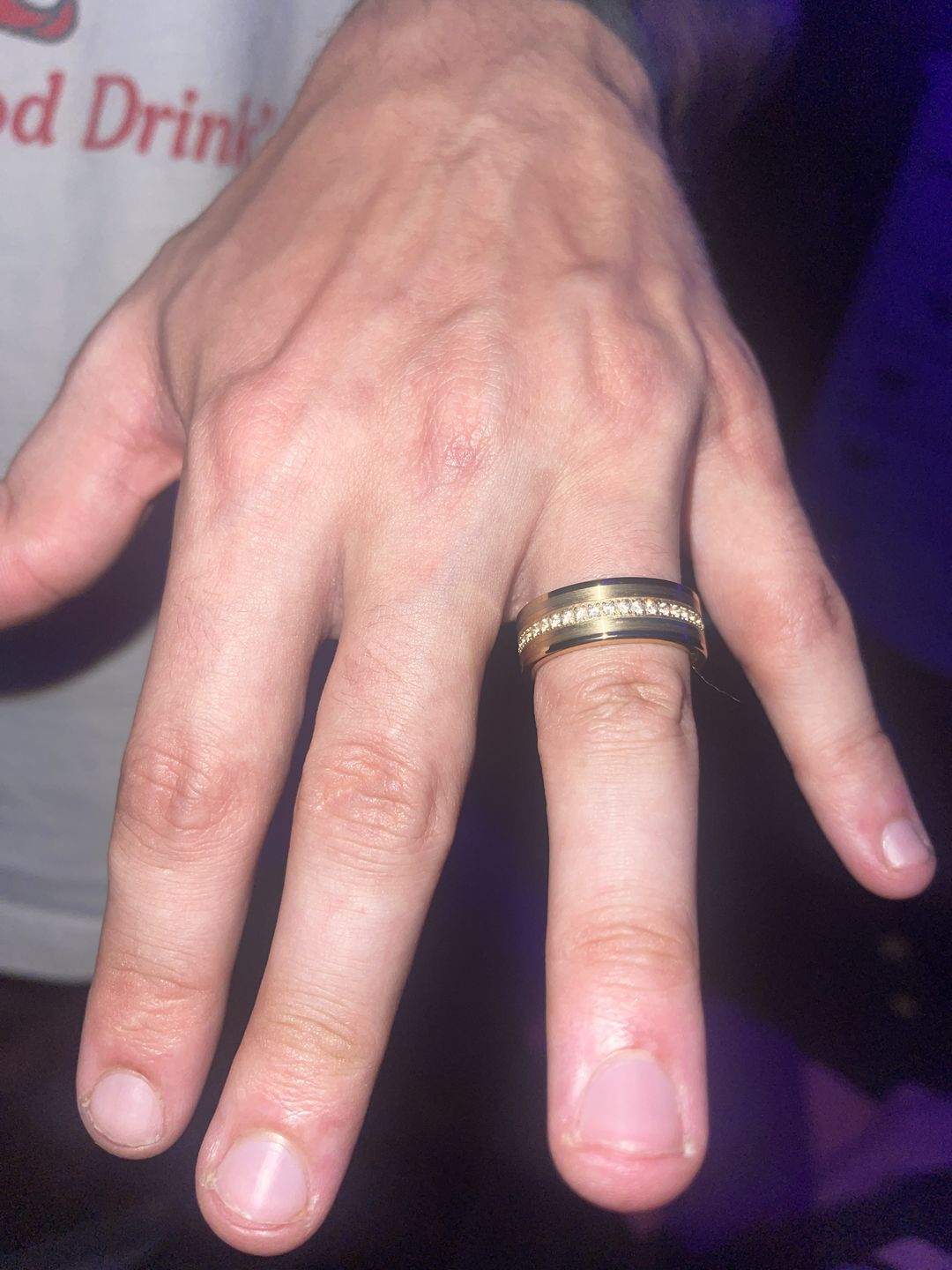 Customer photo review of 8mm - Men's Tungsten Wedding Band, CZ Diamond Ring, Comfort Fit Ring, Yellow Gold Ring,