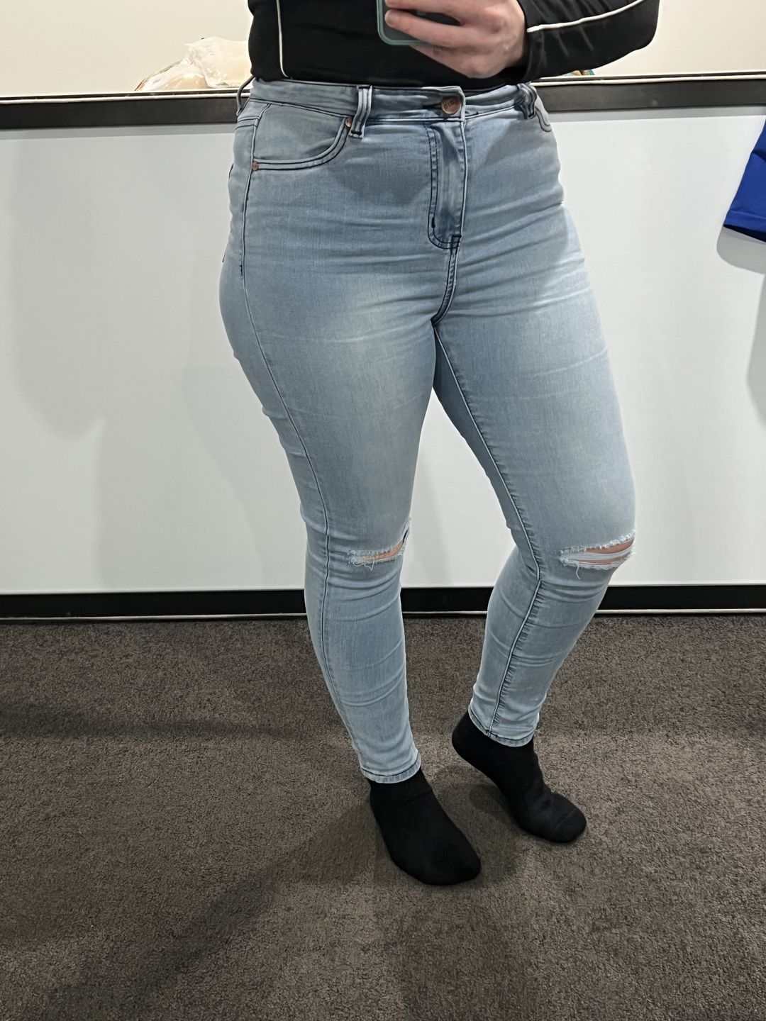 Customer photo review of Impact High Waisted Skinny Jeans - Blue Sky Knee Rips