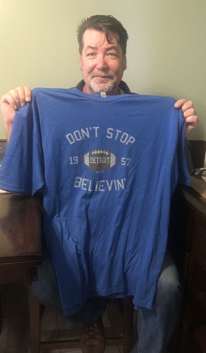 Customer photo review of Ink Detroit Don't Stop Believing 1957 T-Shirt - Royal Blue