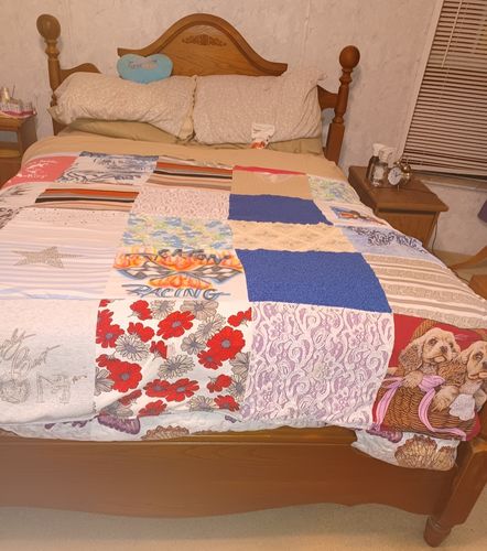 T-shirt quilt with racing, family themes by Cathy from FL