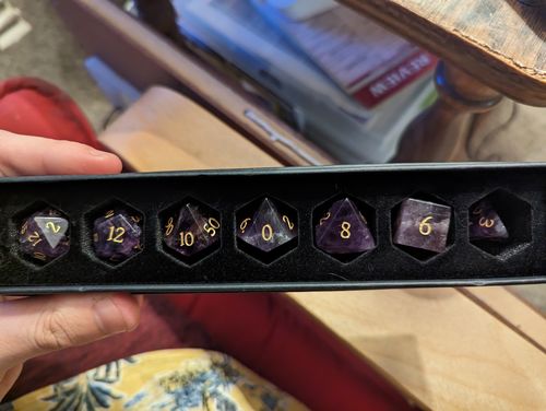 Customer photo review of Amethyst Gemstone DnD D&D Dice Set