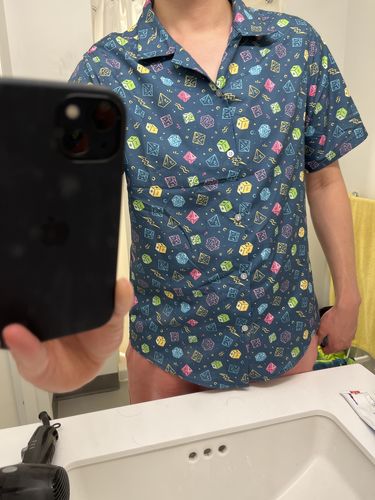 Customer photo review of Dnd RPG Dice Blue Button Up Shirt