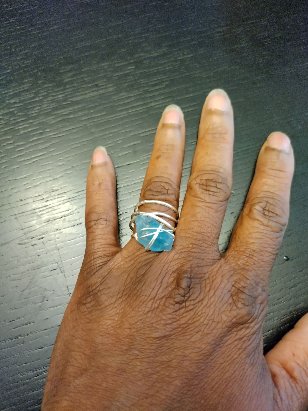 Customer photo review of Natural Raw Apatite Wire Wrapped Ring Sterling Silver