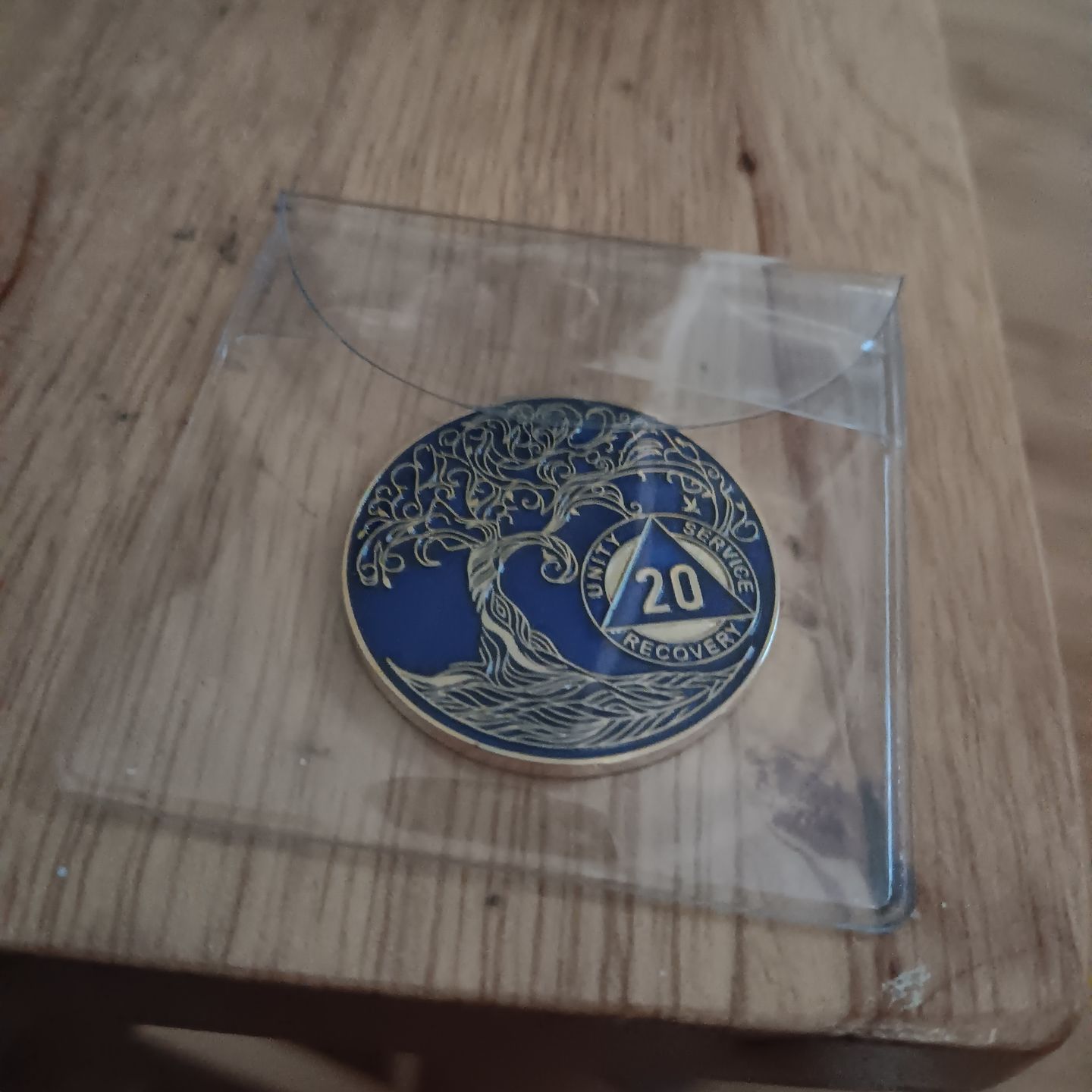 Customer photo review of 1 to 50 Year Sobriety Mint Twisted Tree of Life Gold Plated AA Recovery Medallion/Chip/Coin - Blue