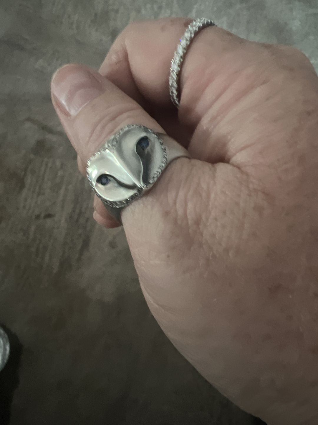 Customer photo review of Barn Owl Ring with Diamonds and Sapphires