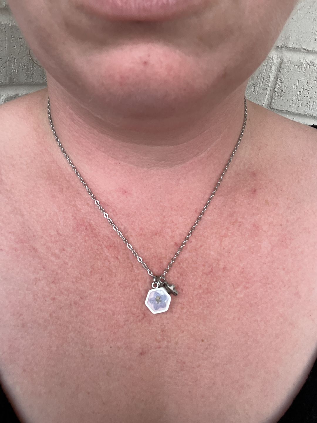 Customer photo review of Matthew 17:20 Forget Me Not Necklace