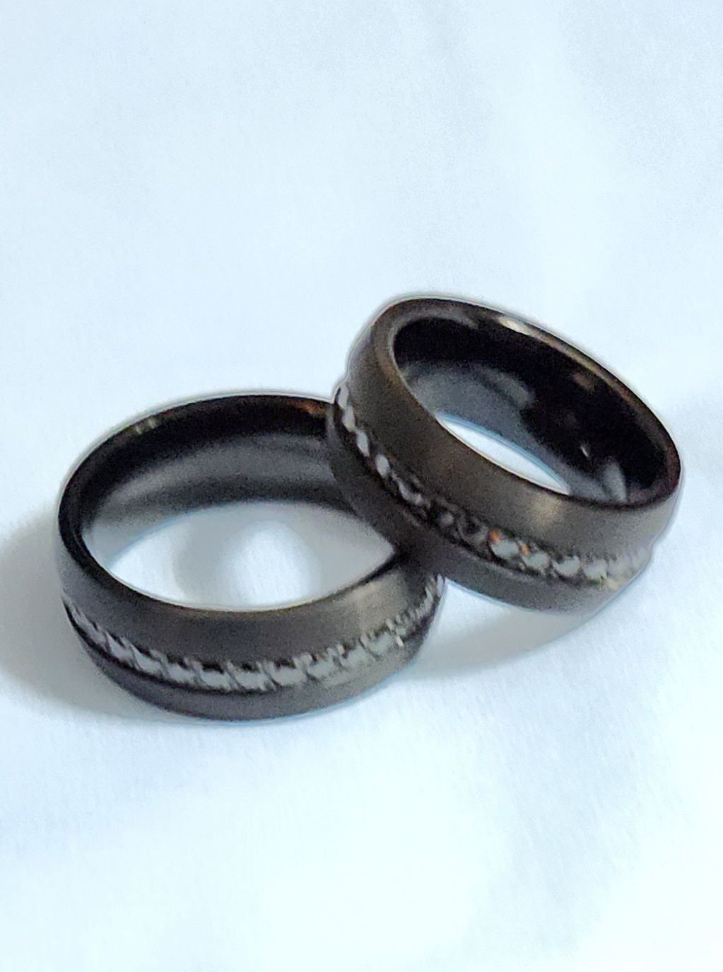 Customer photo review of 8mm Black Tungsten Wedding Band with Black Sapphires