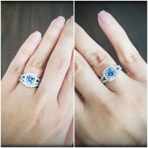 Customer photo review of Halo Purple Aqua Cushion CZ Split Shank Ring in Sterling Silver