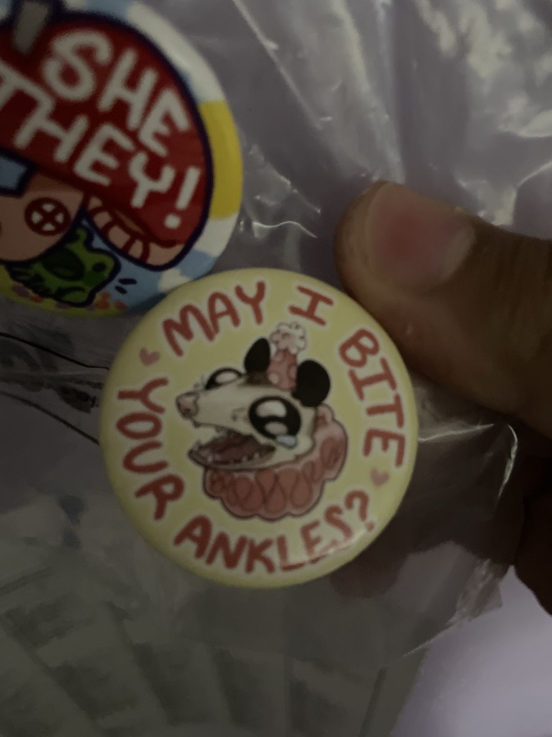 Customer photo review of Party Opossum Buttons