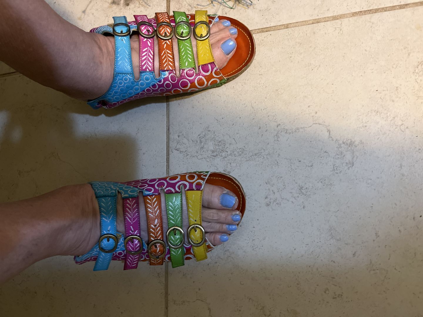 Customer photo review of Colorful Floral Embossed Leather Sandals