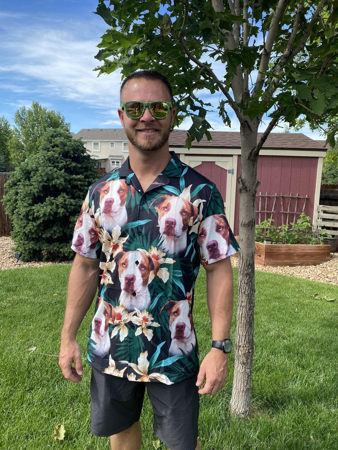 Customer photo review of Custom Hawaiian Shirt For Dog Lovers | Personalized Puppy Lovers Gift | Leaves & Flowers Pattern Dark Green Color Aloha Shirt