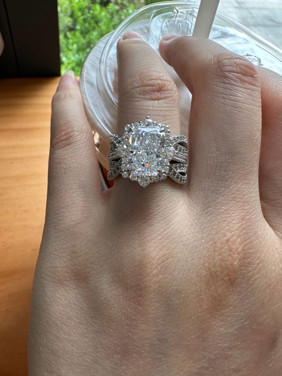 Customer photo review of S925 3.0Ct Radiant Cut Black Stone/White Stone Halo Insert Wedding Ring Set For Women In Sterling Silver