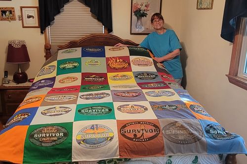 T-shirt quilt with survivor tv show, outdoor activities themes by Jeannie from IL