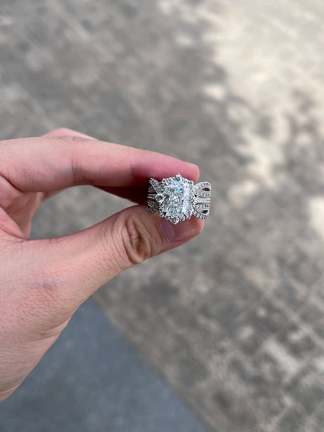 Customer photo review of S925 3.0Ct Radiant Cut Black Stone/White Stone Halo Insert Wedding Ring Set For Women In Sterling Silver