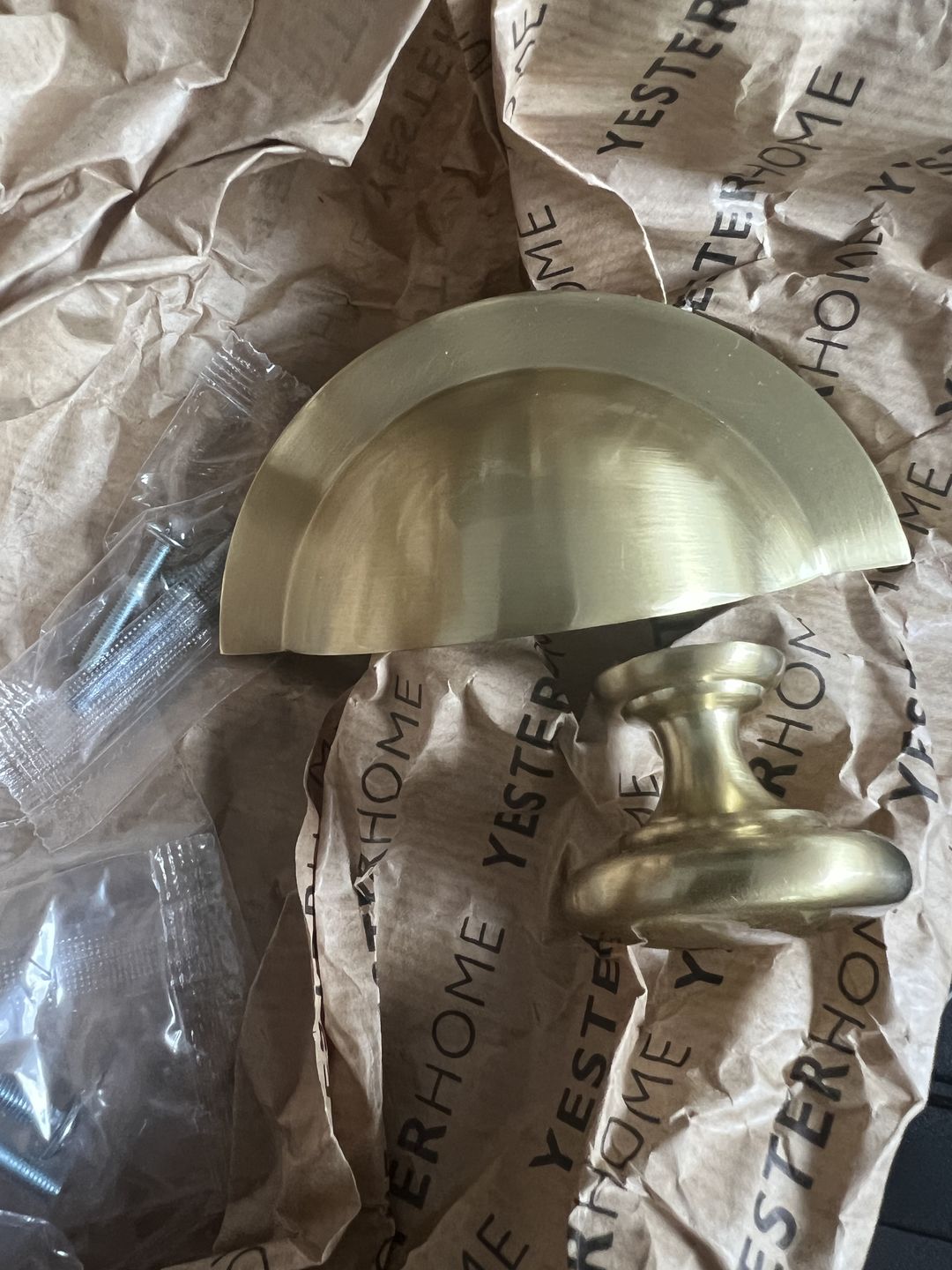 Customer photo review of Monmouth Brushed Satin Brass Cupboard Handles
