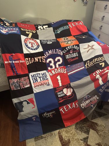 T-shirt quilt featuring texas rangers, cleveland indians by Carla from TX