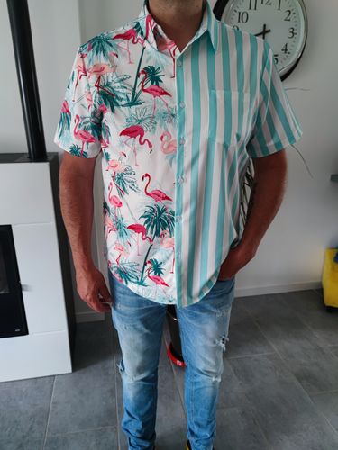 Customer photo review of Chemise à manches courtes boutonnée à manches courtes pour hommes Flamingo Green Striped Print Pocket Tropical Beach Vacation