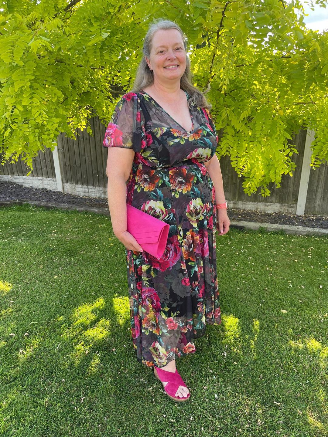Customer photo review of Tilly Black Fuchsia Print Angel Sleeve Sweetheart Dress