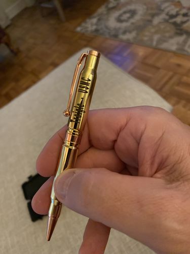 Customer photo review of .308 Real Bullet Authentic Brass Casing Refillable Twist Pen - Tactical Gift Box - Polished Brass