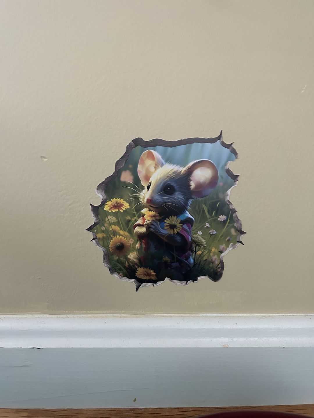Customer photo review of Mouse with Flowers in Mouse Hole Decal - Mouse Hole 3D Wall Sticker