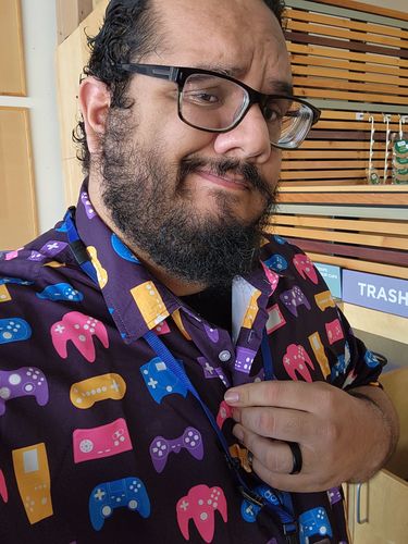 Customer photo review of Game Controllers Purple Video Game Button Up Shirt