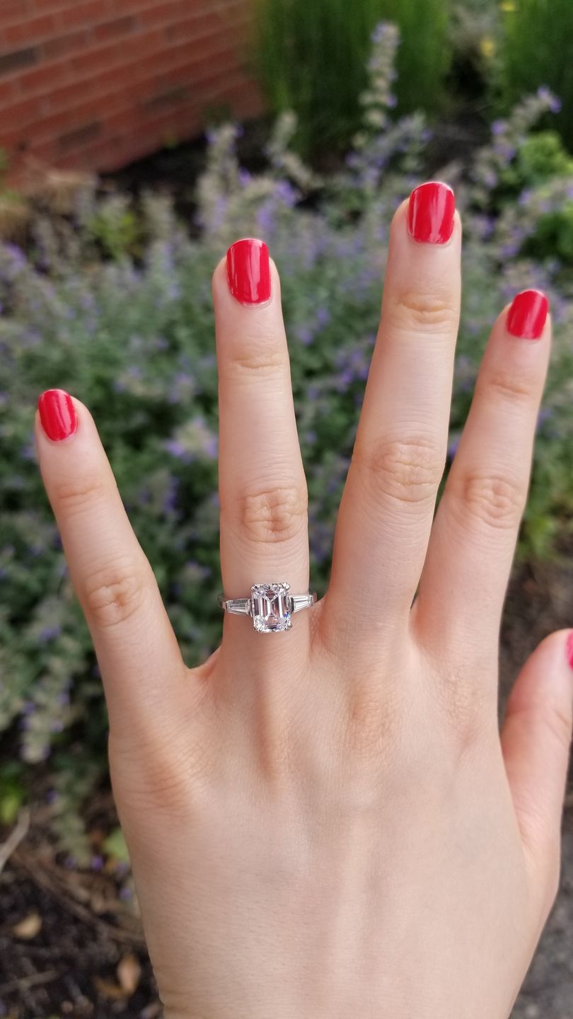 Customer photo review of 3-Stone 2.1ct Emerald Cut CZ Ring in Sterling Silver
