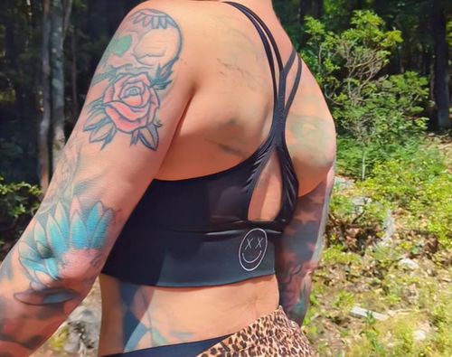 Customer photo review of Salty Savage Ladies "OG Smile" Mesh Racerback Sports Bra | Black