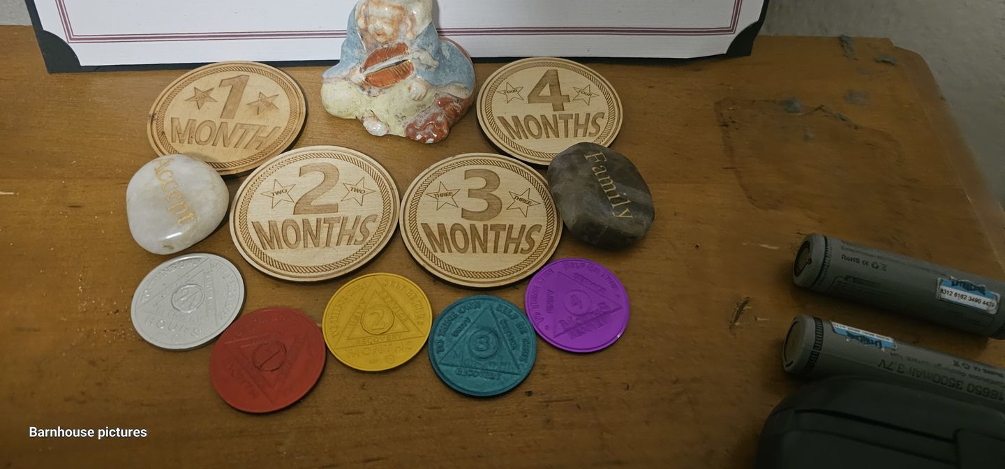 Customer photo review of Sobriety Mint Infinity Aluminum AA Meeting Newcomer Sobriety Chips/Coins/Tokens - 4 Months - Purple