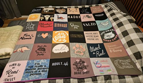 T-shirt quilt with motherhood, positivity themes by Angie from SC