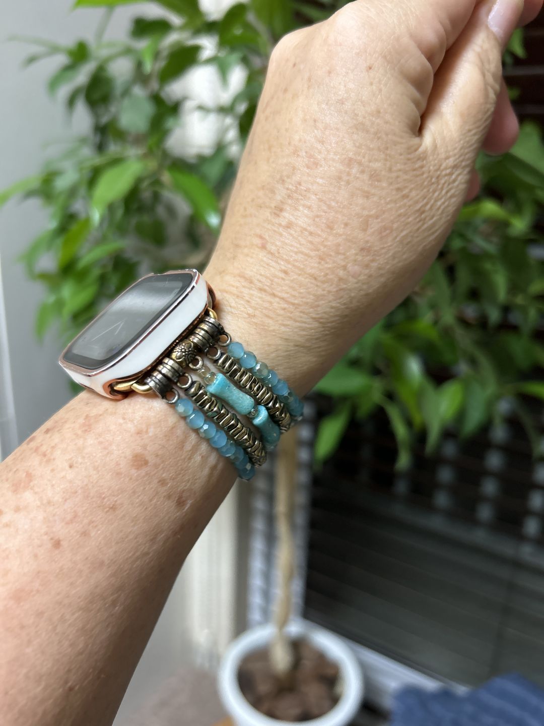 Customer photo review of Jade Glimmer Stretch Apple Watch Strap