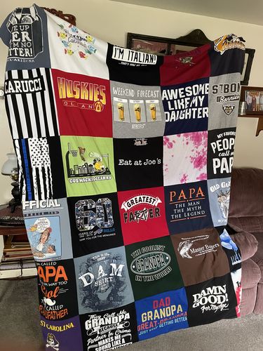 T-shirt quilt with family, beer themes by Michelle from NY