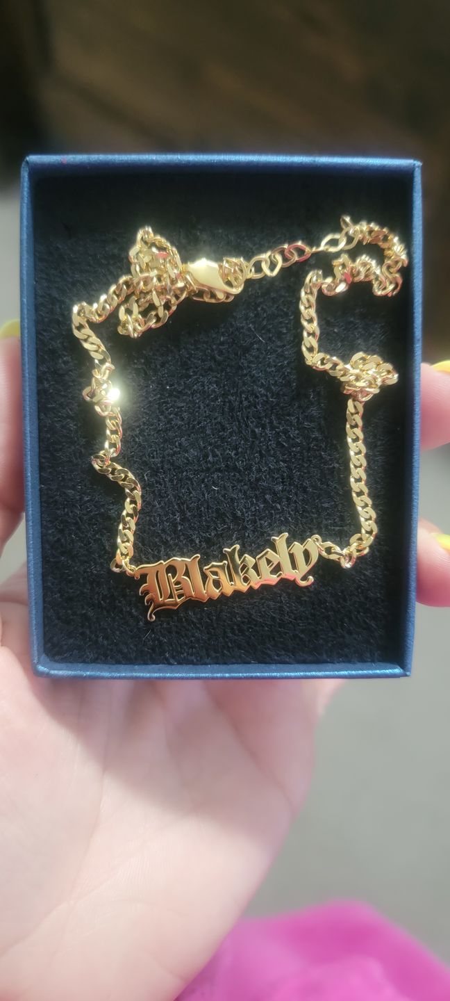 Customer photo review of Old English Nameplate Necklace
