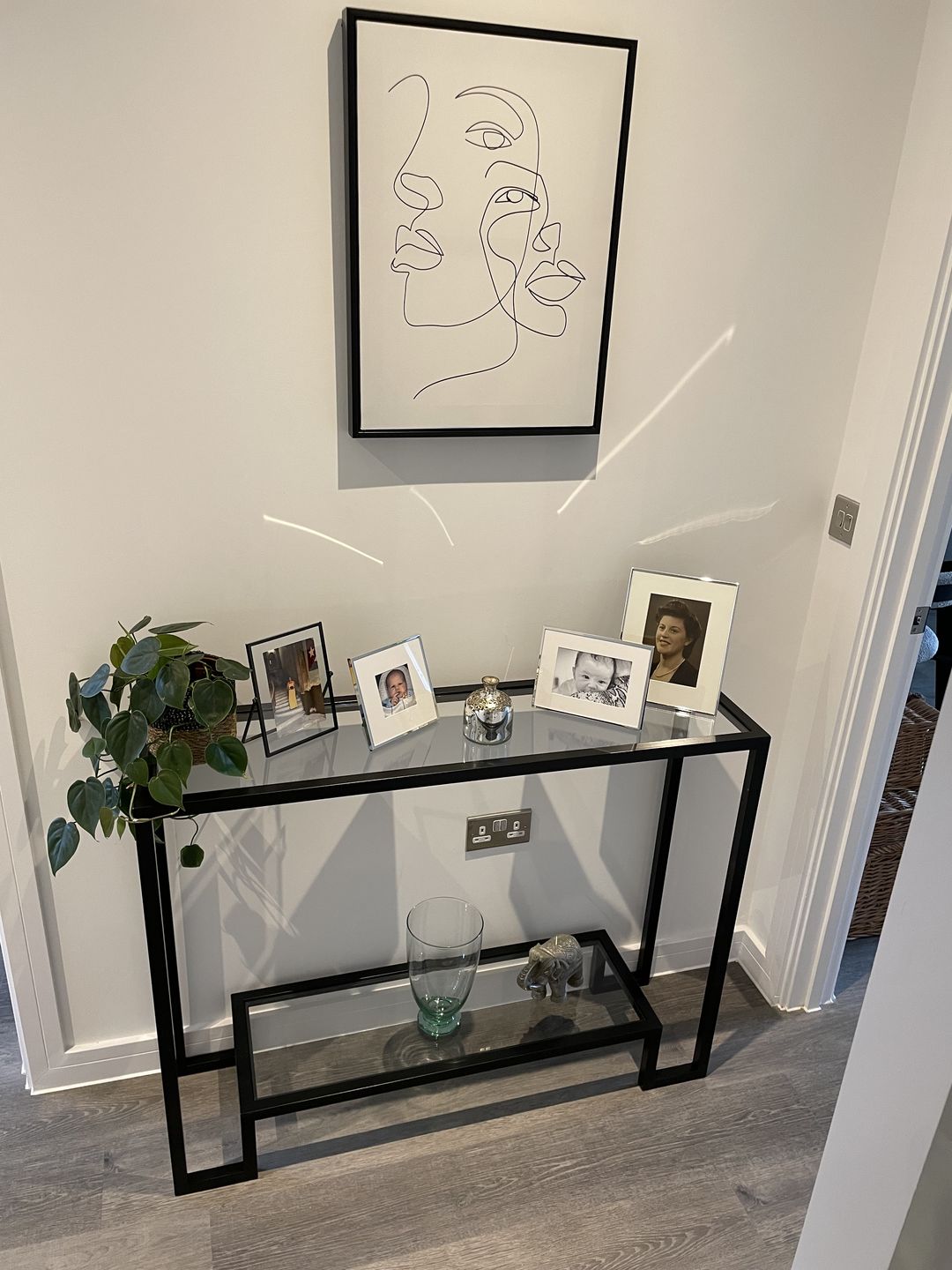 Customer photo review of Glass Metal Console Table Matte Black Frame
