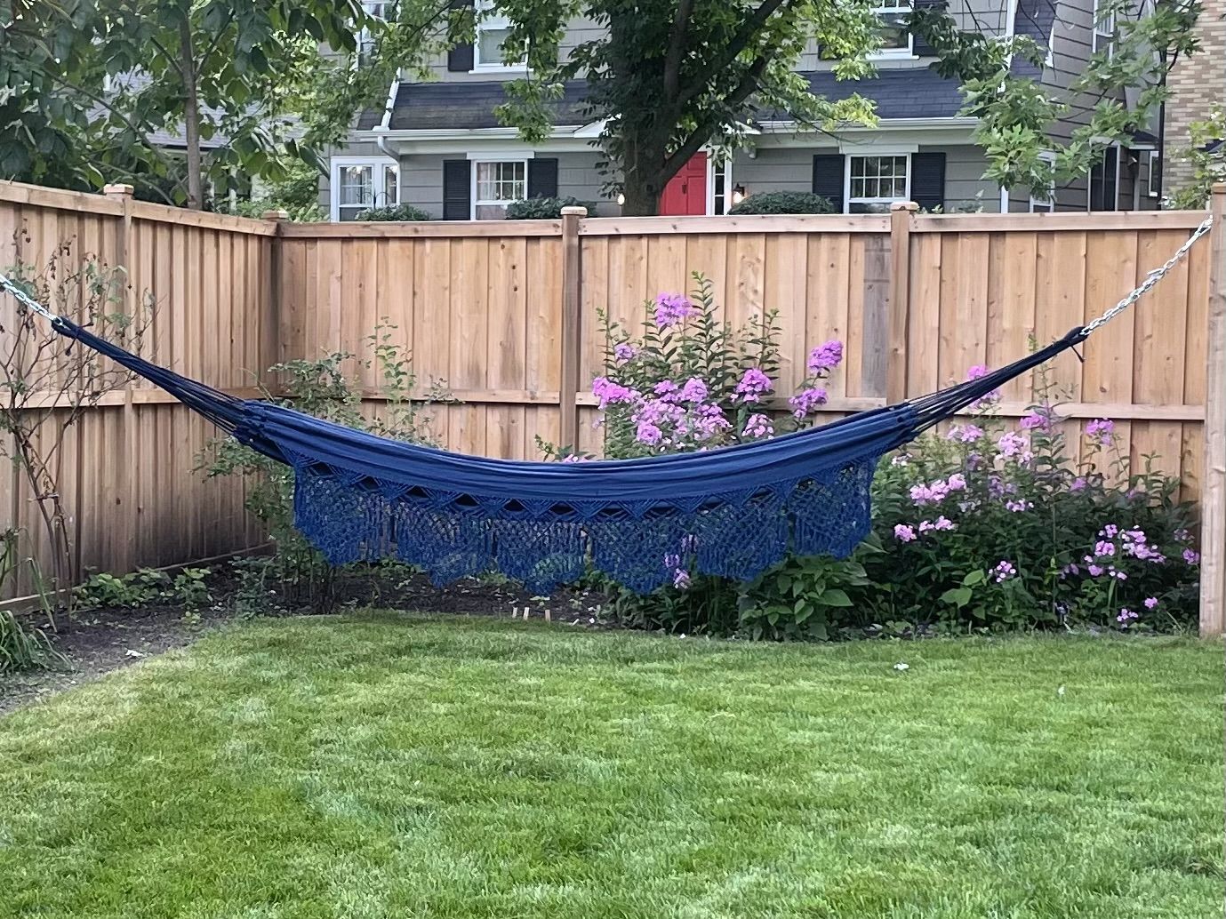 Customer photo review of Navy Blue Luxury Hammock with macrame - 14ft x 5ft - Brazilian Premium Handmade w/ Natural Cotton