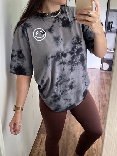Customer photo review of Salty Savage Unisex “OG Smile” Oversized Tall Crew Tee | Basic | Black Gray Tie Dye/White
