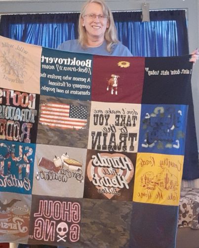 T-shirt quilt with pirates, hiking themes by Shirley from KS