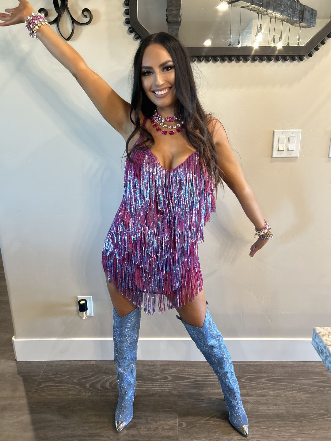 Customer photo review of Shake It My Way Short Fringe Mini Dress