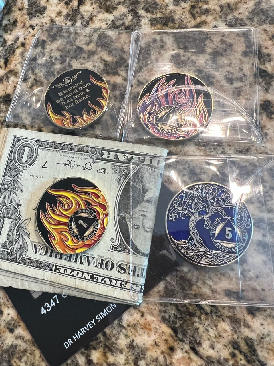 Customer photo review of 1 to 40 Year Sobriety Mint Twisted Flames Gold Plated AA Recovery Medallion/Chip/Coin - Black/Pink/Purple/Blue