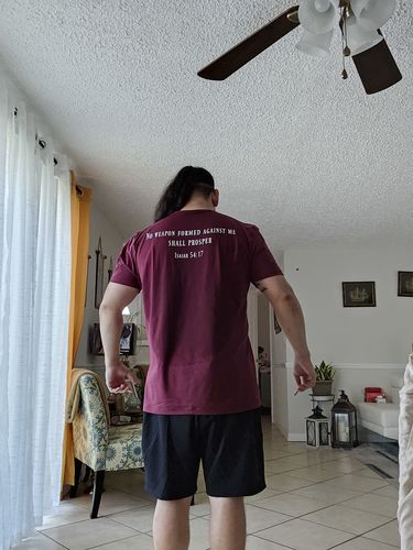 Customer photo review of Isaiah 54:17 Performance Tee - Maroon