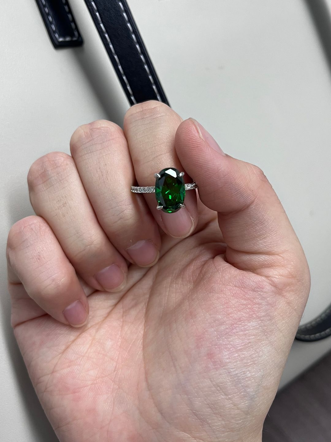 Customer photo review of Louily Classic Oval Cut Emerald Green Simulated Diamond Engagement Ring In Sterling Silver