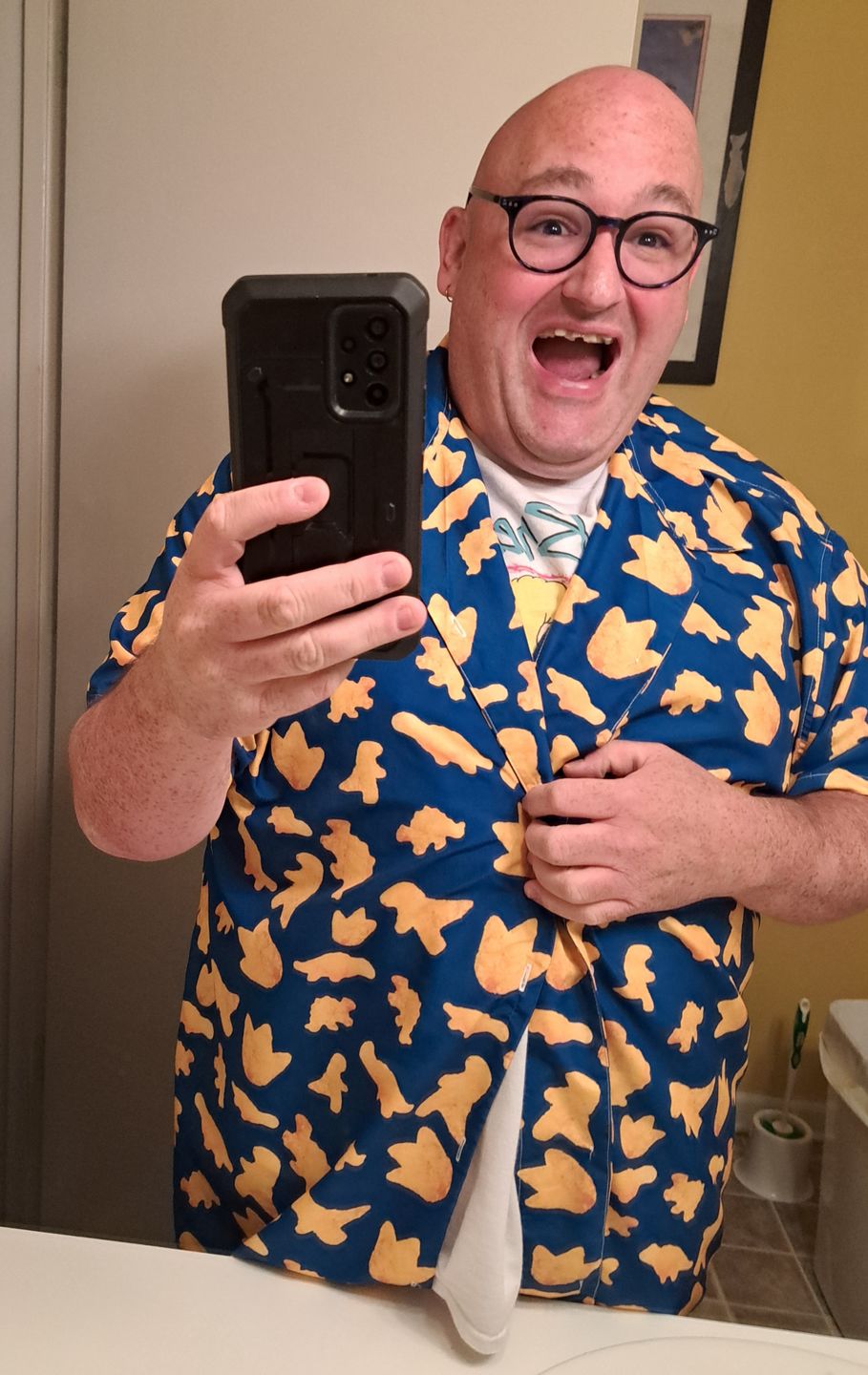 Customer photo review of Dinosaur Chicken Nuggets Blue Button Up Shirt