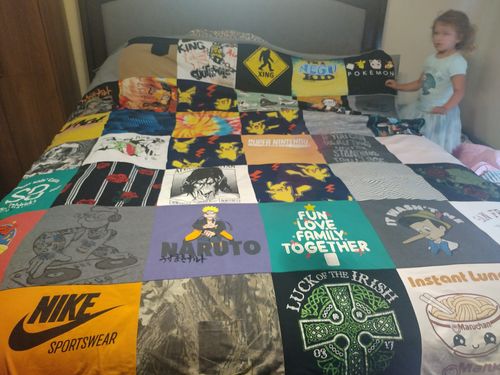 T-shirt quilt with anime, cartoons themes by Jacquelyn from CA