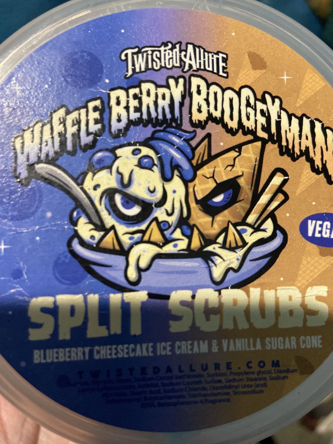 Customer photo review of Waffle Berry Boogeyman Split Scrub (Blueberry Cheesecake Ice Cream & Waffle Cone)